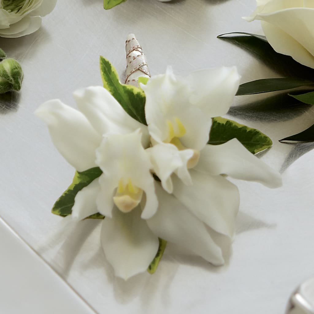 White Mini Cymbidium Boutonniere – The Surprise Bouquet, Lawrenceburg TN